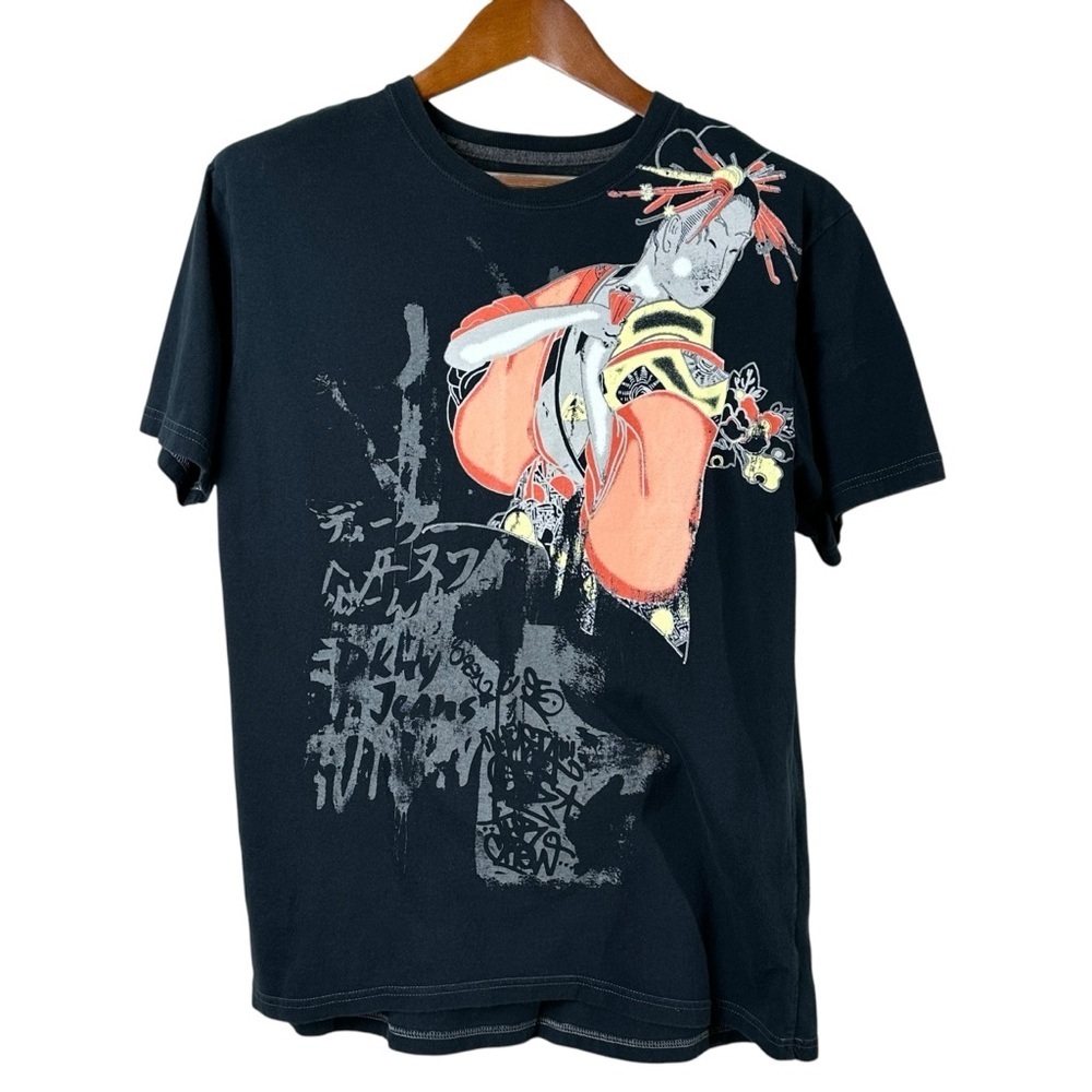 DKNY Medium Geisha Graphic Print T-Shirt Black Graffiti 2000s Y2K Streetwear